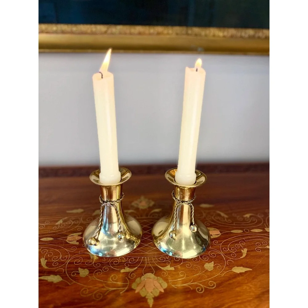 Vintage Brass Candlestick Pair • Tassel Taper Candle Holders